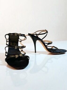 CASADEI Rhinestone Jewel Bow Patent Leather Stiletto Evening Sandals